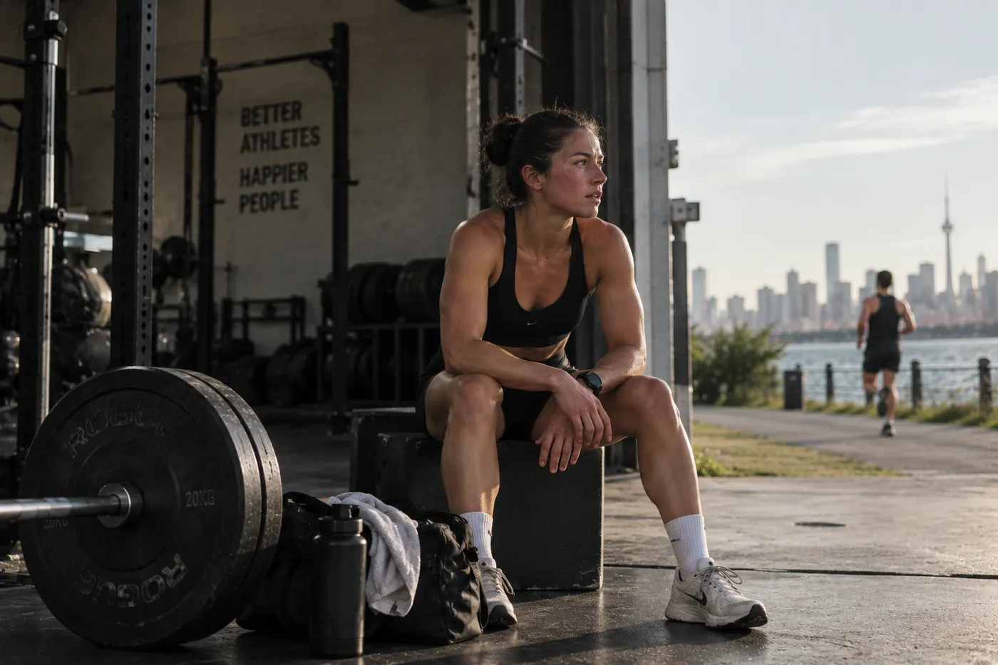 An athlete resting on a box between sets, a loaded barbell beside her, while a runner passes on the waterfront path behind.